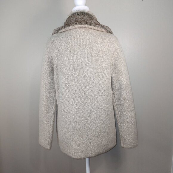 COCO AND CARMEN KNIT WRAP STYLE JACKET FAUX FUR COLLAR,  TAN, SIZE SMALL - Picture 6 of 8